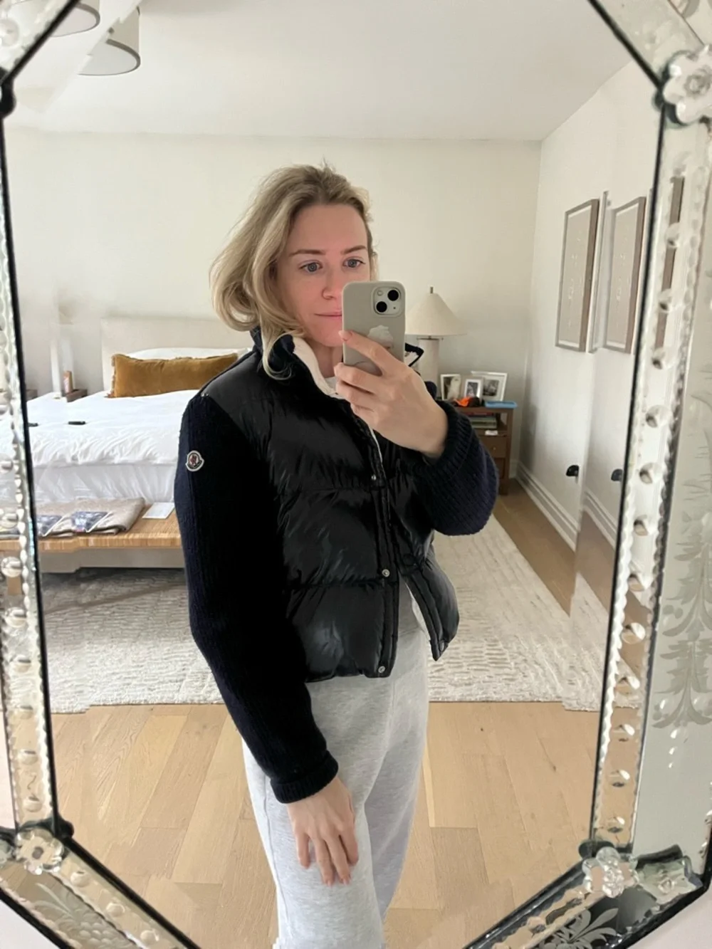 Moncler Navy Blur Puffer Jacket with Cream Rib Collar and Knit Sleeves - Picture 10 of 10